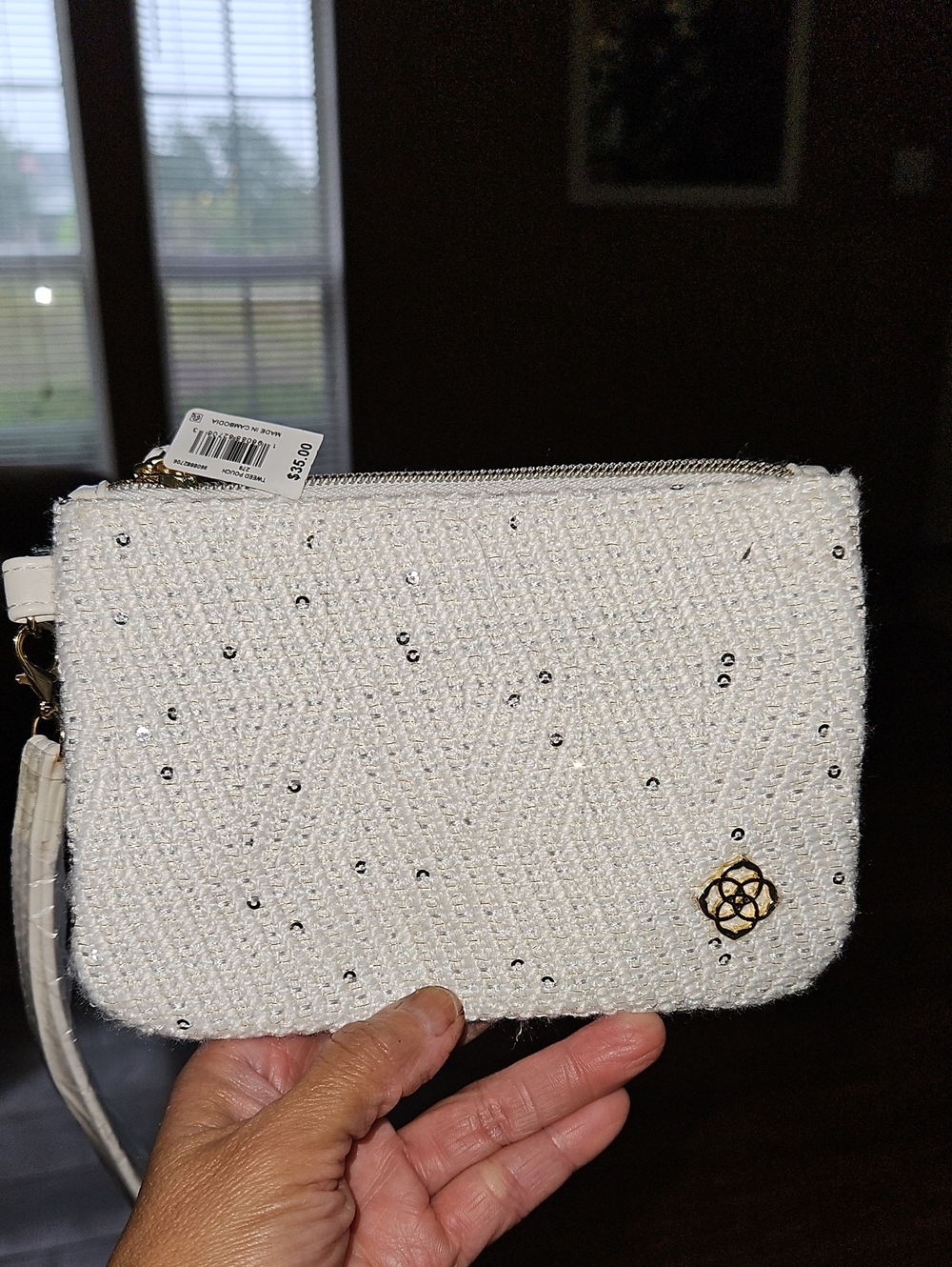 Kemdra Scott White Tweed Wristlet Clutch with Crystal Accents